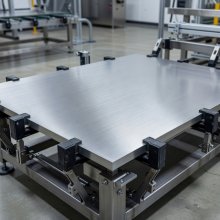 Metal panel held on a production fixture before coating