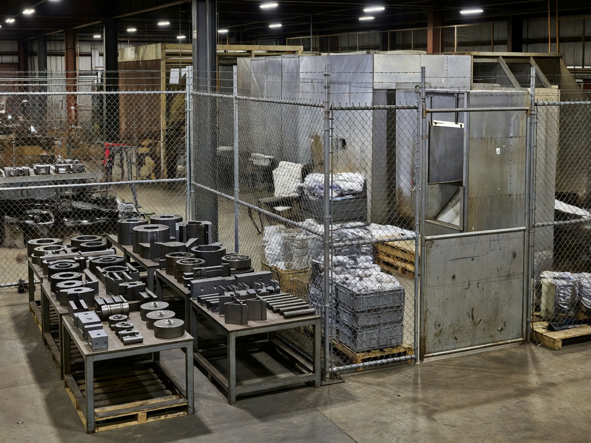 Guarded industrial processing area with metal parts staged for finishing