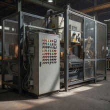 Industrial control cabinet beside guarded manufacturing equipment