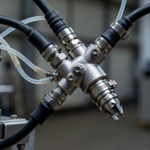 Close view of an industrial spray applicator and its fluid connections
