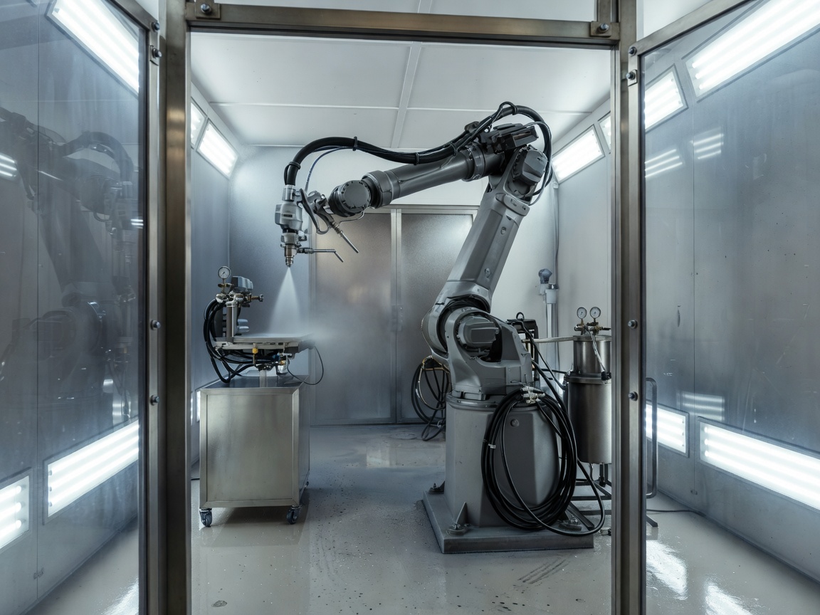 Industrial robot and spray equipment inside a guarded painting booth